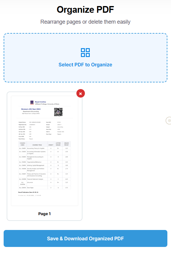 Box PDF organize tool interface showing the upload area, page thumbnails with delete buttons, and download button