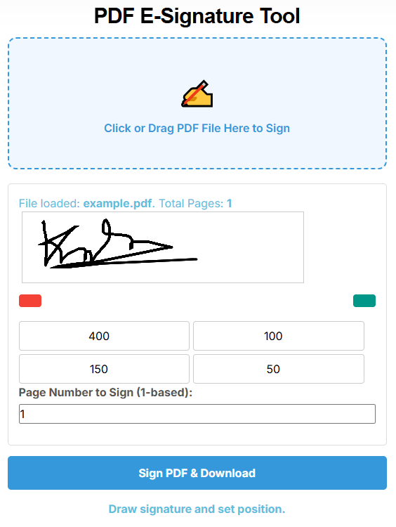 Box PDF Sign PDF tool interface showing the upload area, signature canvas, position controls, and download button